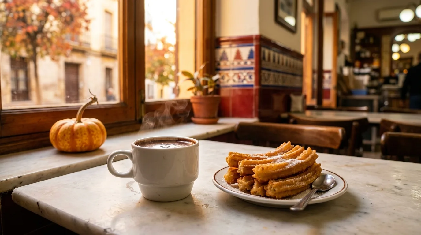 Cup of hot chocolate and churros on a marble table with a small pumpkin