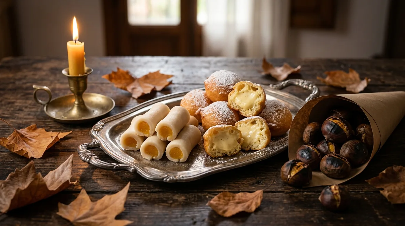 Huesos de santo, buñuelos de viento and roasted chestnuts, traditional All Saints sweets in Spain