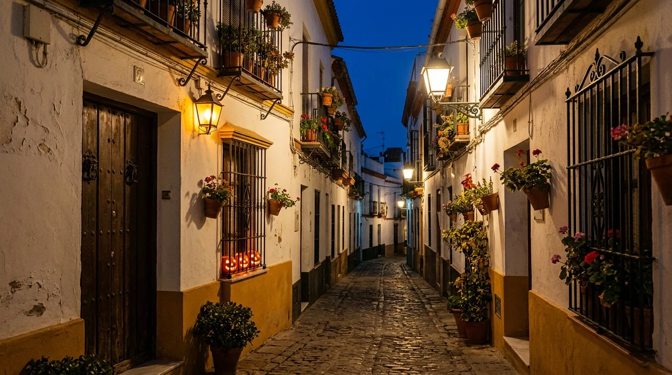 Callejón del barrio de Santa Cruz de Sevilla al anochecer con calabazas de Halloween junto a una ventana