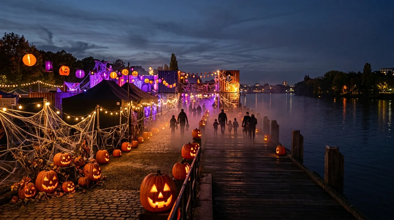 Riverside quay decorated for Halloween with glowing pumpkins and cobwebs